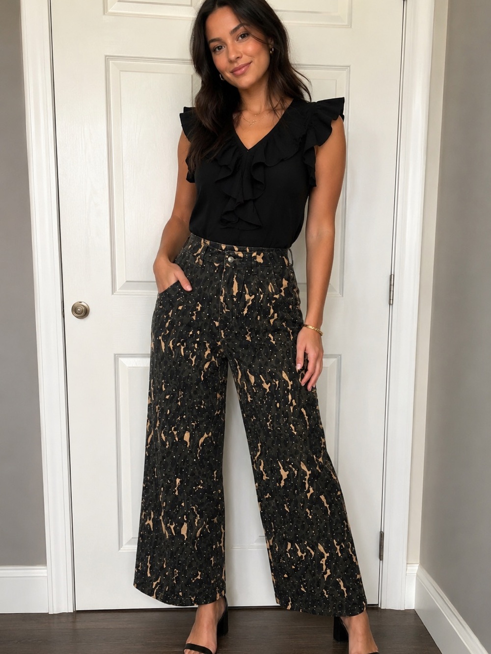American Bazi Black and Tan Wide-Leg Rhinestone Jeans